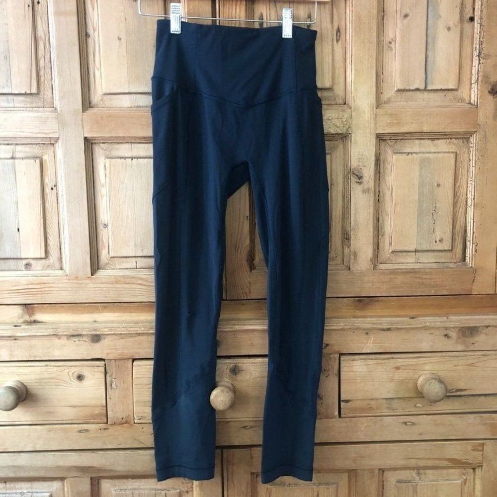 Lululemon Size 4 Jewel Tone Blue Leggings Athletic Side Leg Pockets Gym‎ FLAWED